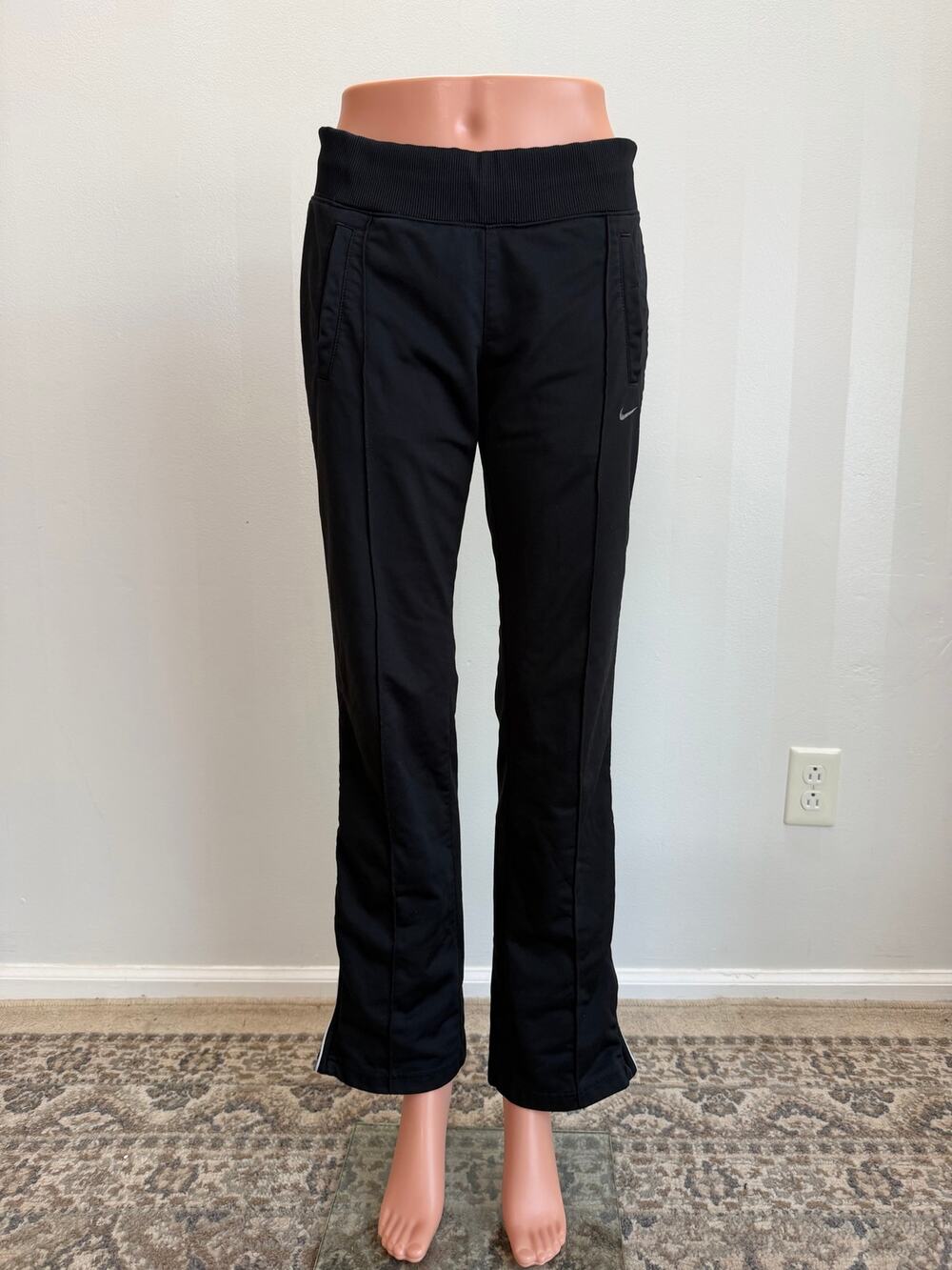 Nike Women’s Black Ankle Zip Track Pants White Piping Drawstring Athletic Sz S
